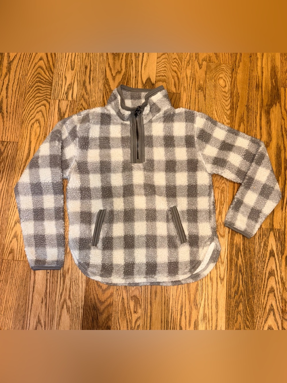 Cozy Kids' Gray & White Checker Sherpa Half-Zip Pullover